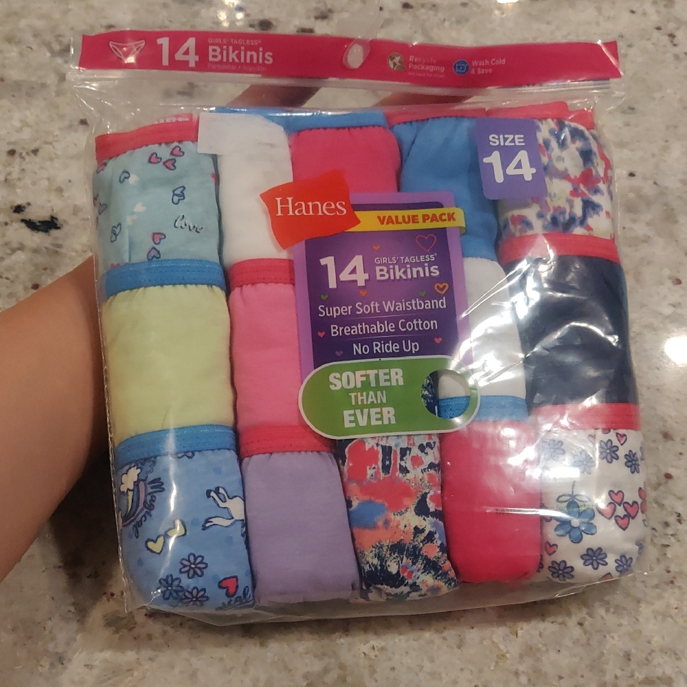 New! HANES Sz 14 GIRLS TAGLESS BIKINIS SUPER SOFT WAISTBAND Value Pack